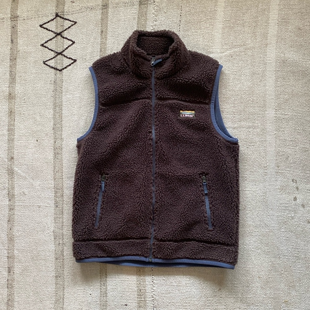 L.L. Bean Mens Medium Mocha Brown Deep Pile Fleece Vest Jacket Full Zip
